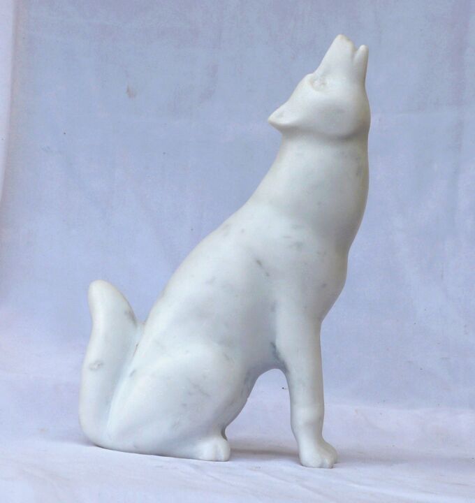 Carrara Marble Wild Animal - Wolf 雕塑, 9.8x6.3 in