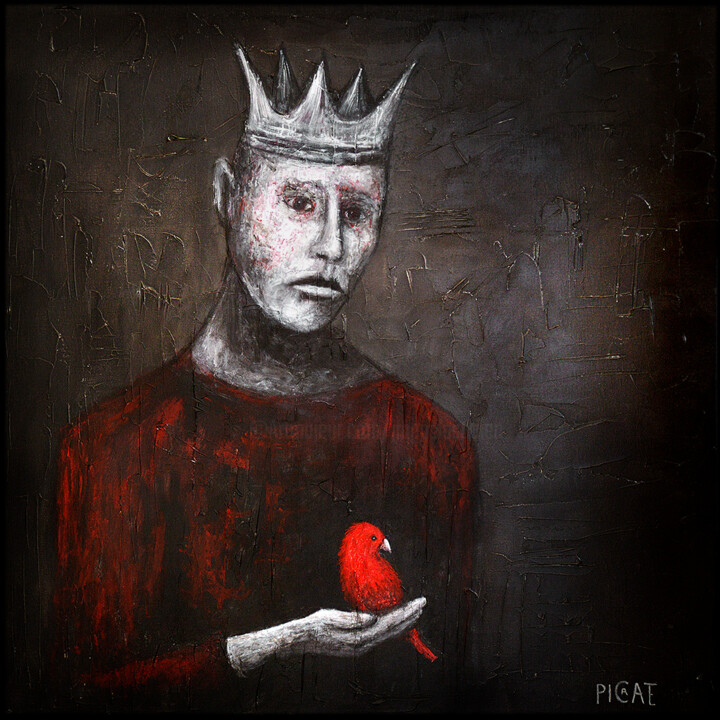 "Sad King and Red Bird" 绘画, 31.5x31.5 in
