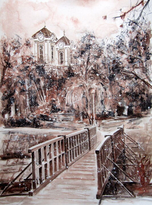 绘画 标题为“My home village at…” 由Anna Brigitta Kovacs (KAB), 原创艺术品, 水彩