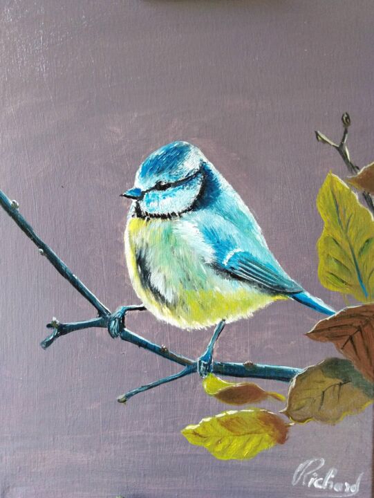 Painting titled "Mésange bleue en Au…" by Dominique Richard, Original Artwork, Oil