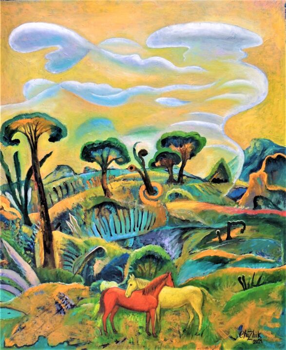Two horses 2872 绘画, 30.7x24.8 in