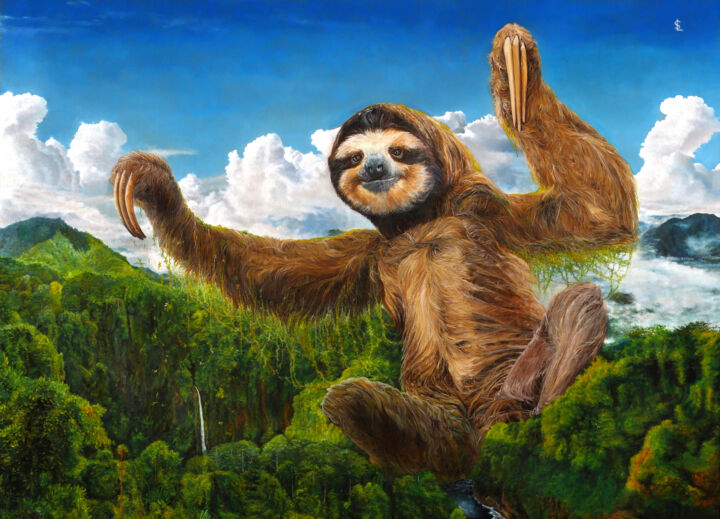 Painting titled "Le Paresseux Semeur" by Sailev, Original Artwork, Oil Mounted on Wood Stretcher frame