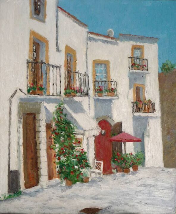 Painting titled "Una calle de Ibiza…" by Rubén De Luis, Original Artwork, Oil Mounted on Wood Stretcher frame