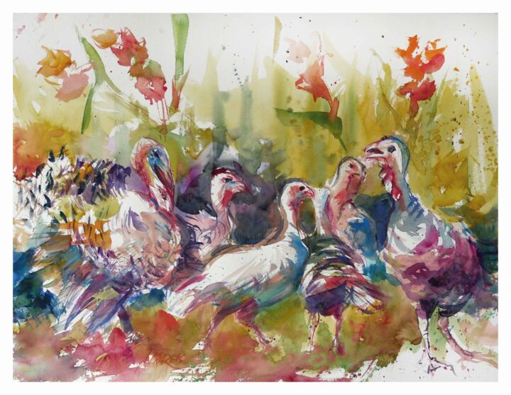 Painting titled "Indyki 2" by Drazek, Original Artwork, Watercolor
