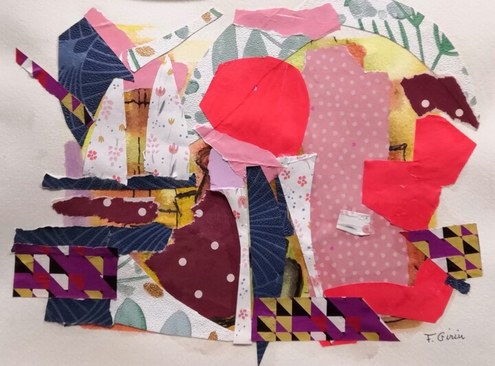 Collages intitulée "Soleil rouge" par Frédérique Girin, Œuvre d'art originale, Collages