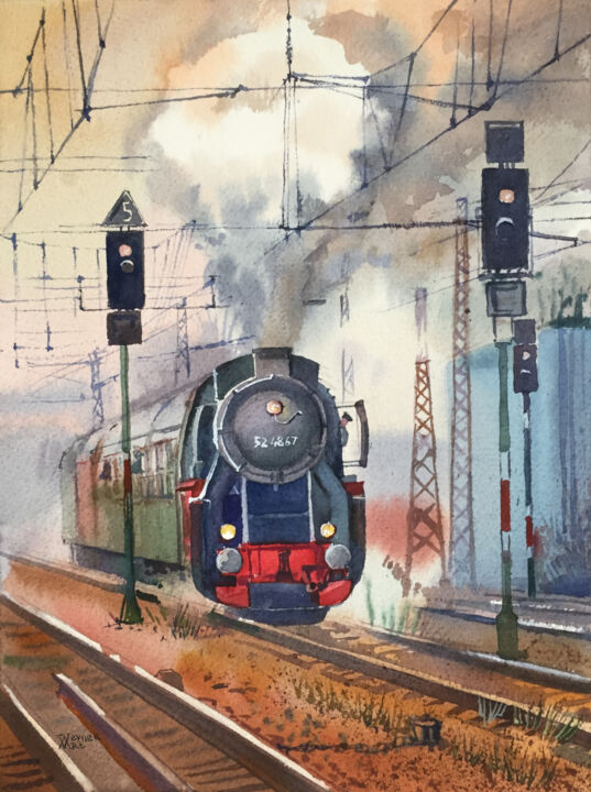 Old train. Locomotive and railway, painting. 绘画, 12.1x9.1 in