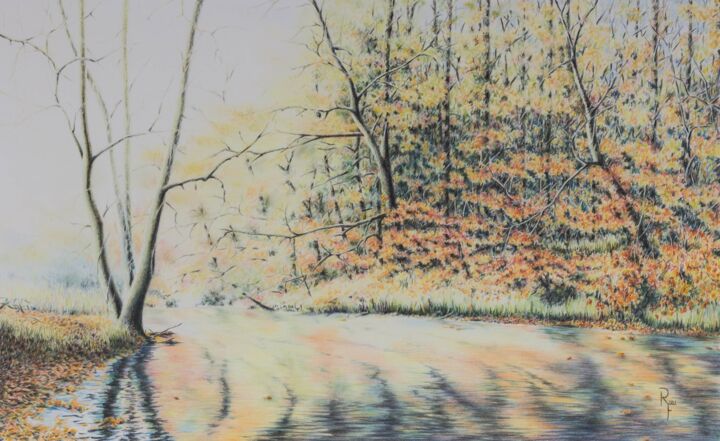 Malerei mit dem Titel "Herbstmorgen am Bach" von Ronald Firla, Original-Kunstwerk, Conté-Buntstifte