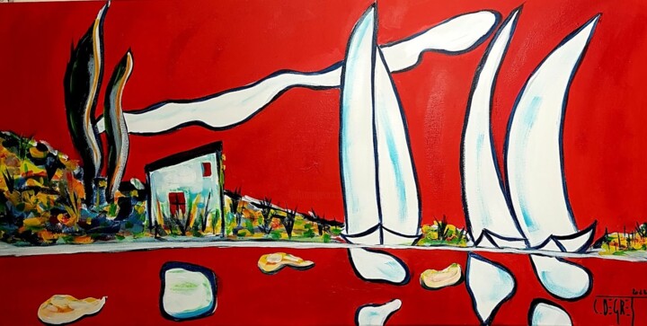 Trois voiles sur l'étang de Thau 绘画, 19.7x39.4 in