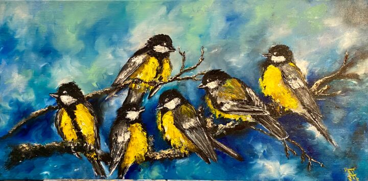 Chickadees Painting Bird Original Art Impasto Painting 绘画, 11.8x23.6 in