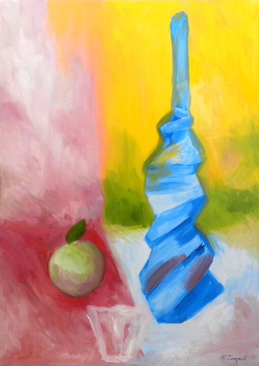 Wine bottle and apple 绘画, 27.6x19.7 in