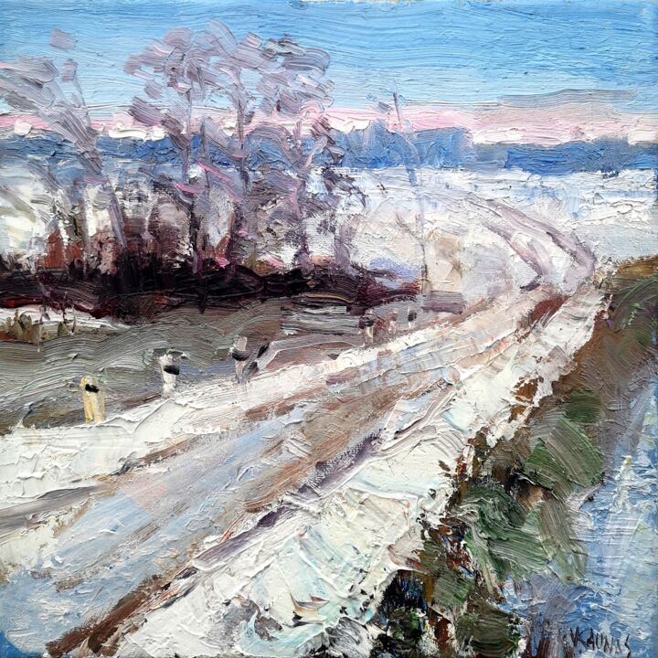 Painting titled "Road in winter" by Vytautas Kaunas, Original Artwork, Oil