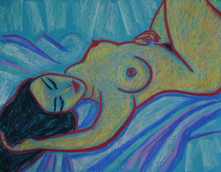 Rysunek zatytułowany „Lying nude on blue” autorstwa Margarita Felis, Oryginalna praca, Pastel