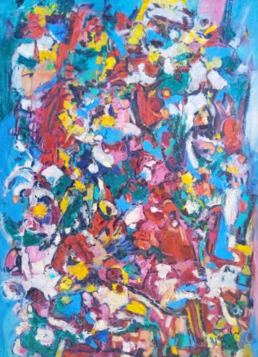 Painting titled "Symphonie en rouge…" by Serge Berthereau, Original Artwork, Oil Mounted on Wood Panel