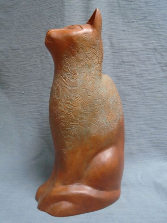 Grand chat assis terre cuite patinée 雕塑, 12.6x5.1 in
