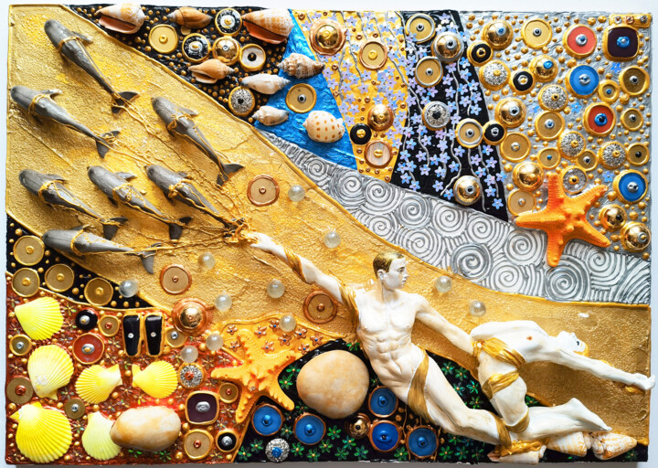 Mermaids - Original wall sculpture 3d painting. Gustav Klimt 雕塑, 6.5x9.7 in