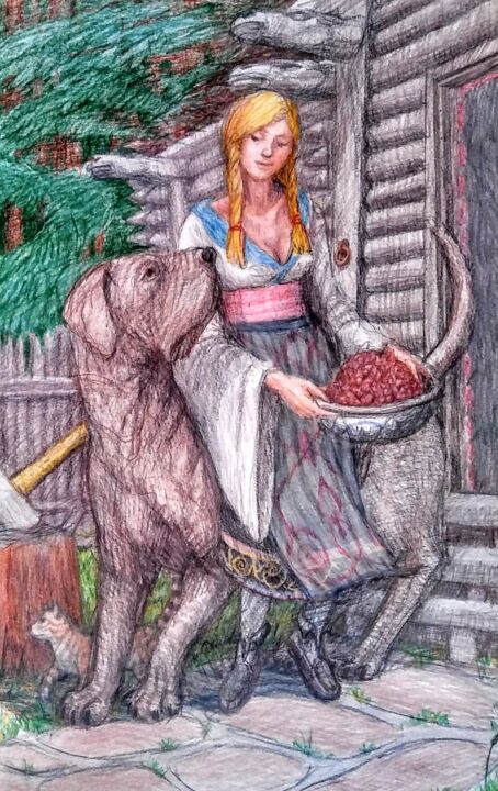 Woman with a Large Dog 图画, 17x11 in
