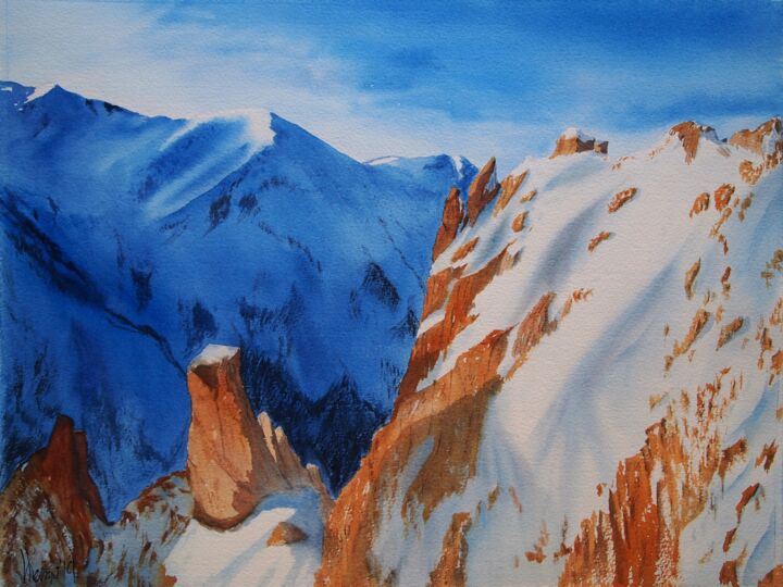 Painting titled ""Sun in the mountai…" by Valeriia Kempi, Original Artwork, Watercolor