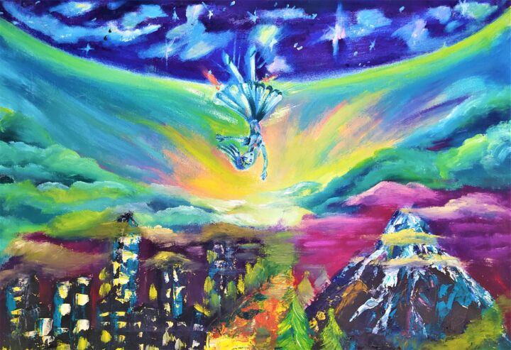 Shooting star. Large surrealismOriginal Oil Painting 绘画, 23.6x39.4 in