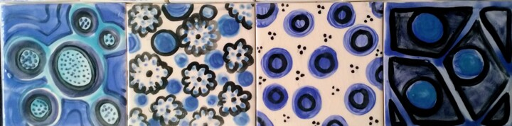4 carreaux de faïence bleue 10 x 10 雕塑, 3.9x15.8 in