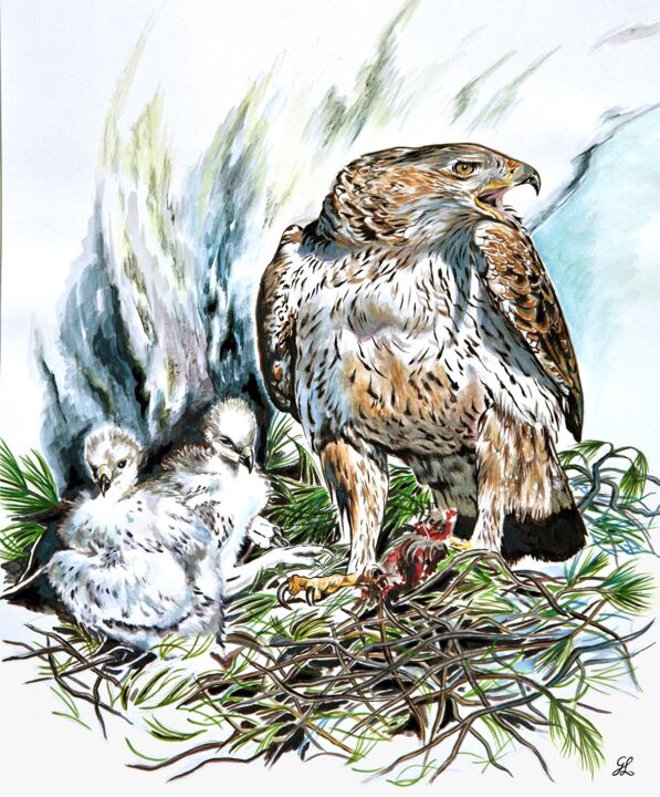 Aigle de Bonelli - L'offrande de nourriture 绘画, 18.9x14.2 in
