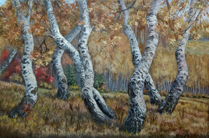 Dancing birches Painting, 15.8x23.6 in