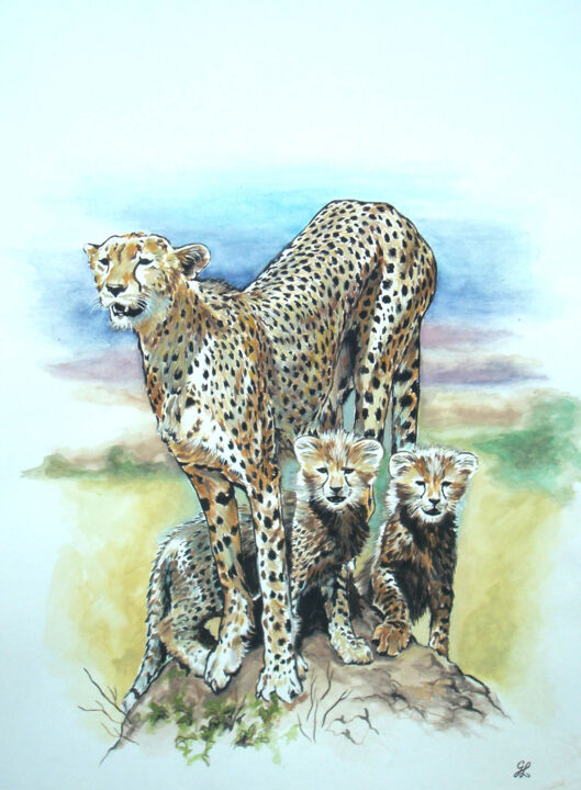A l'affût sur une butte - Famille guépards 绘画, 17.9x13.2 in