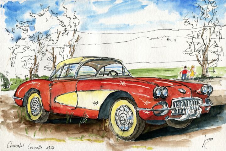 Chevrolet Corvette 1958 绘画, 5.9x8.3 in