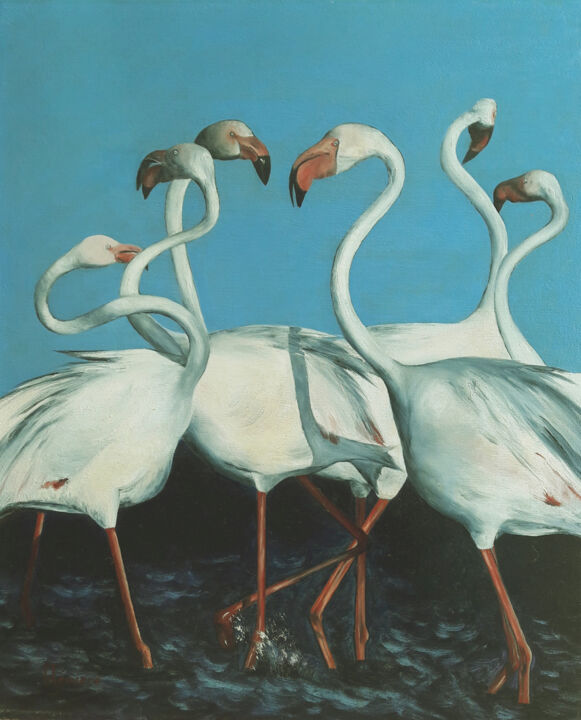 Peinture intitulée "Flamands en camargue" par Patrick Lemiere, Œuvre d'art originale, Huile
