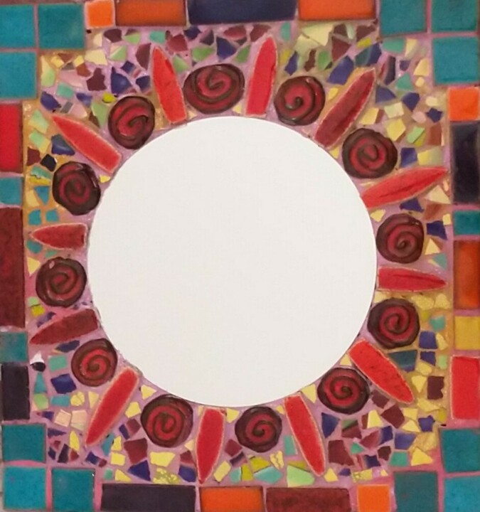 Miroir rond sur bois entourage mosaïque. 设计, 12.6x11.8 in