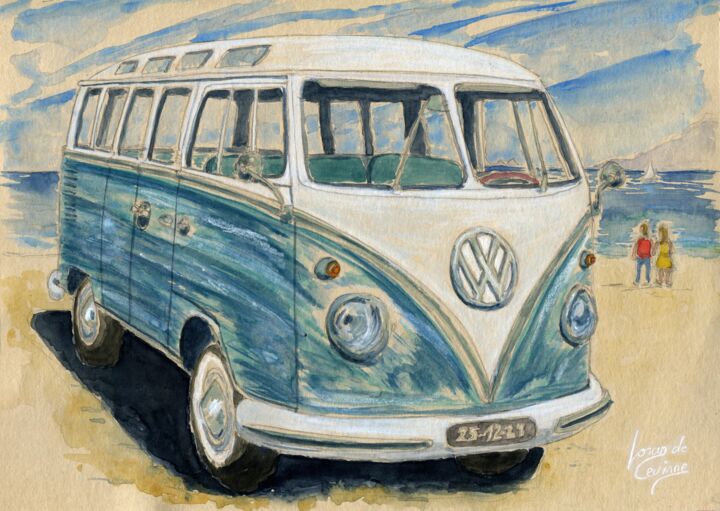 Schilderij getiteld "VW Combi 1960 T1" door Loran De Cevinne, Origineel Kunstwerk, Aquarel