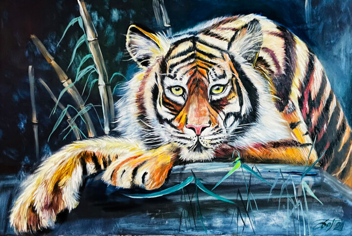 Water tiger in bamboo forest 绘画, 23.6x35.4 in