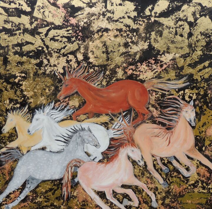 Wild Mustangs with Gold Leaves 绘画, 39.4x39.4 in