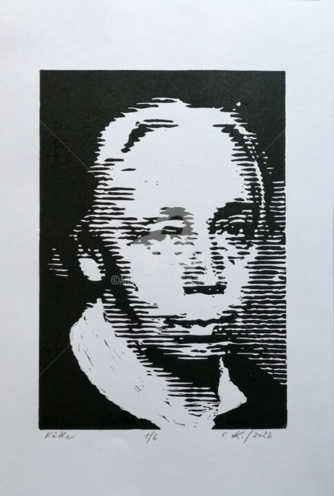 Gravures & estampes intitulée "Käthe" par Elke Thiébaut, Œuvre d'art originale, Linogravures
