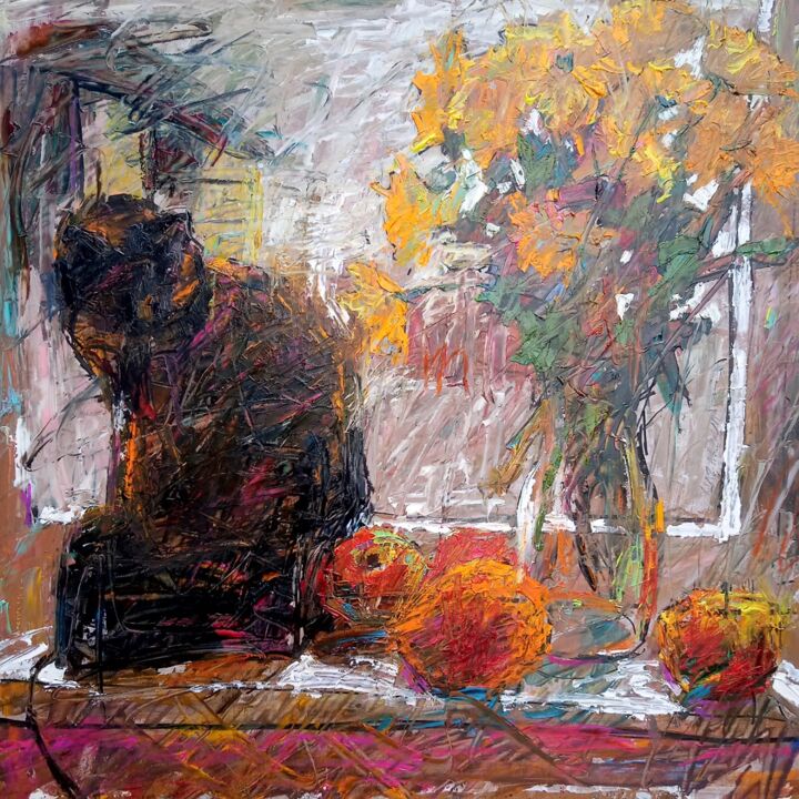 Oil painting Cat and apples on the window Pittura, 15,8x15,8 in
