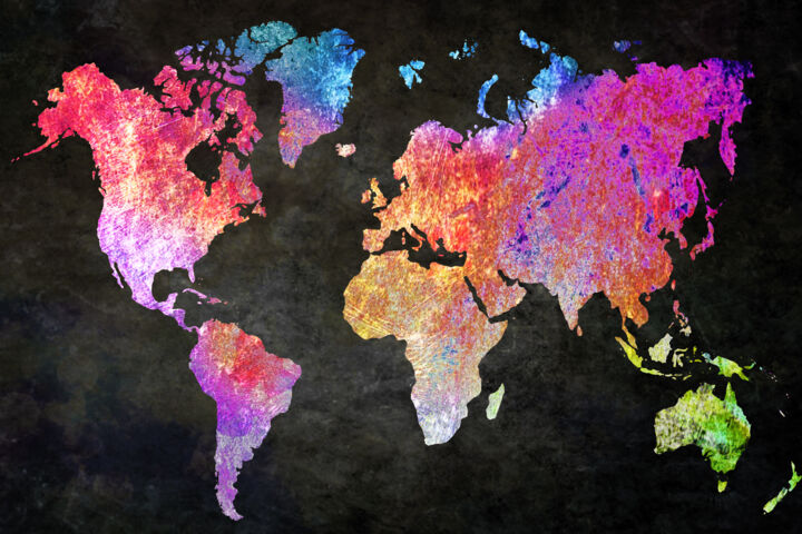 World Map Distressed Colorful Blue 绘画, 16x24 in