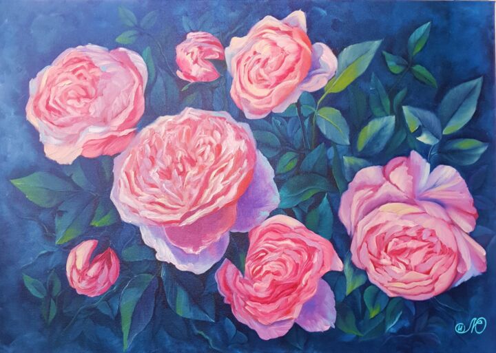 Pintura intitulada "Red Roses Painting…" por Yuliya Illarionova, Obras de arte originais, Óleo Montado em Armação em madeira