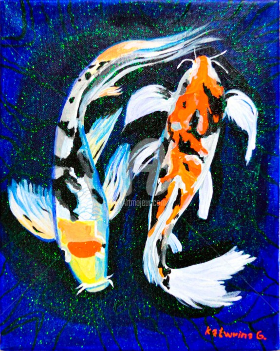 Pair of carp, 黑色背景中的兩條鯉魚 , пара карпов 绘画, 10x8 in