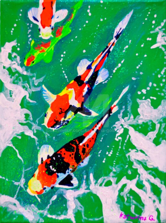 Carps , 亞克力鯉魚魚 , карпы кой 绘画, 9.4x7.1 in