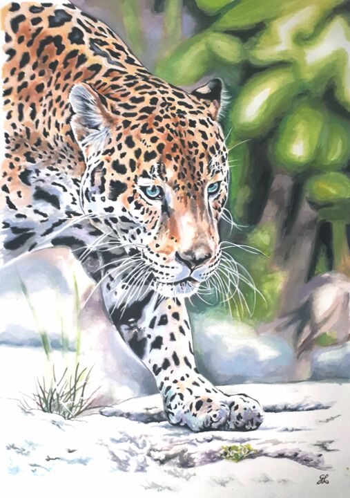 A pas feutrés - Jaguar 绘画, 16.5x11.8 in