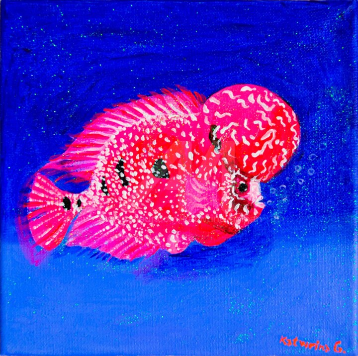 Pink fish , 粉紅色的魚 , розовая рыбка 绘画, 7.9x7.9 in
