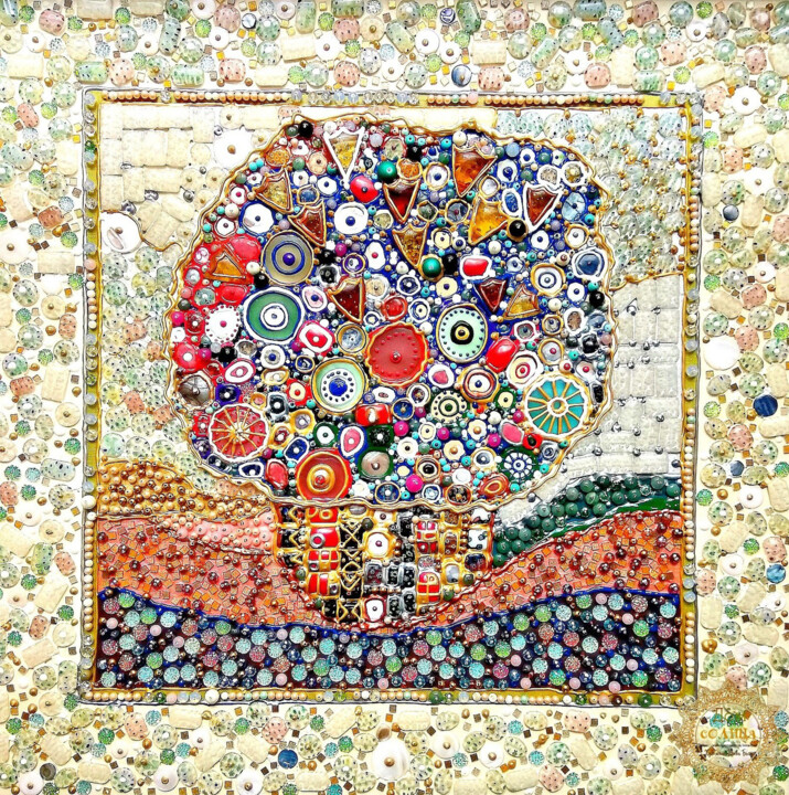 Floral abstract, flowers bouquet. Mosaic wall sculpture 雕塑, 9.5x9.5 in
