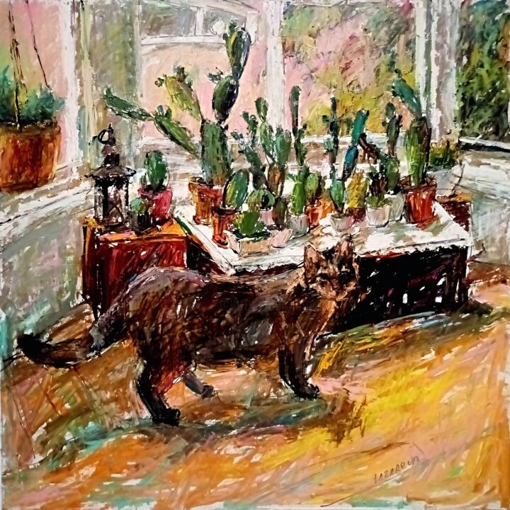 Original oil paintin Cat & Cactus 绘画, 23.6x23.6 in