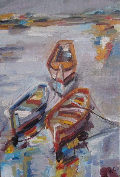 boat oil painting original 绘画, 11.8x7.9 in