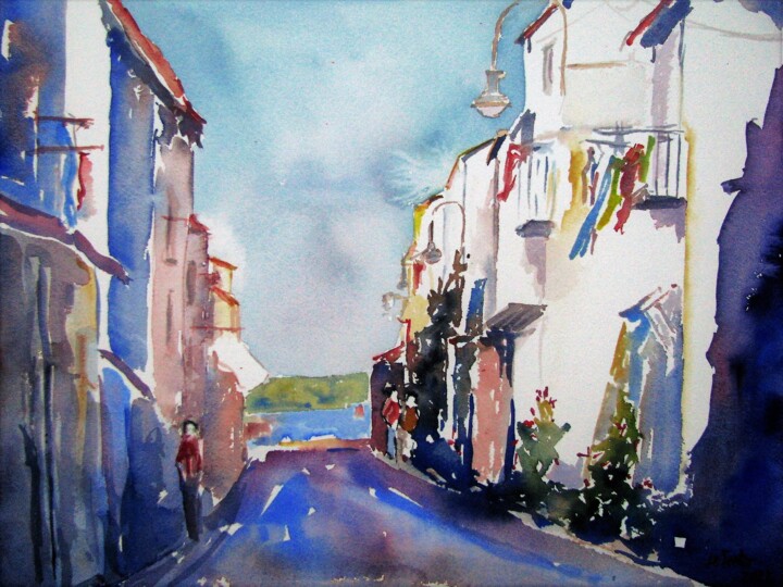 Peinture intitulée "Sète, rue de la Poi…" par Jean-Noël Le Junter, Œuvre d'art originale, Aquarelle Monté sur Panneau de bois