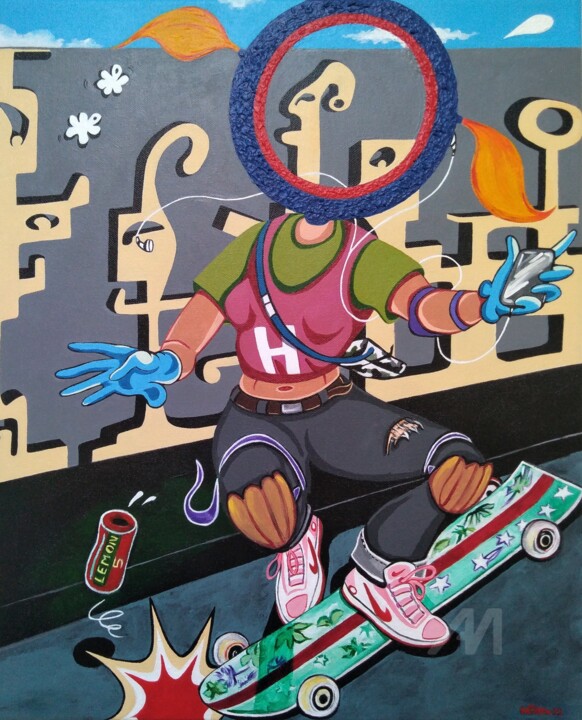 JEUNE FEMME AU LONGBOARD 绘画, 18.1x15 in