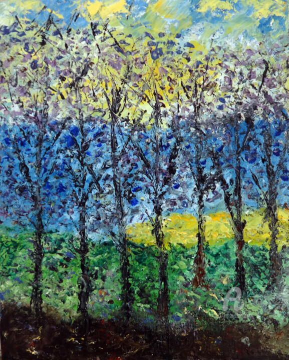 Trees in the Forest Impasto Oil Painting Painting, 10x8 in