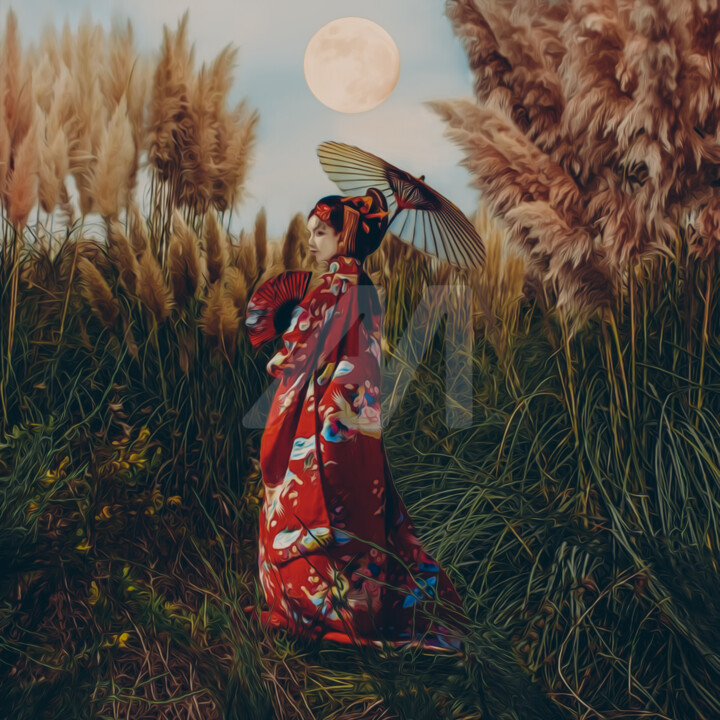 Geisha in a field of pampas grass. 数字艺术