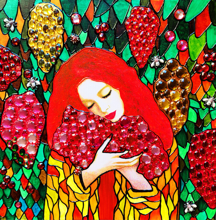 Woman & grape original portrait photo collage with crystals 雕塑, 7.9x7.9 in