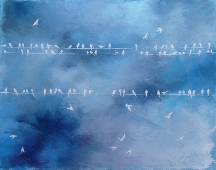 "White birds" oil on canvas palette knife 绘画, 15.8x19.7 in