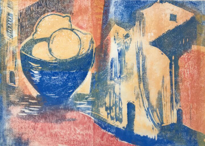 February in Nice, woodcut print 印花与版画, 11.8x16.1 in